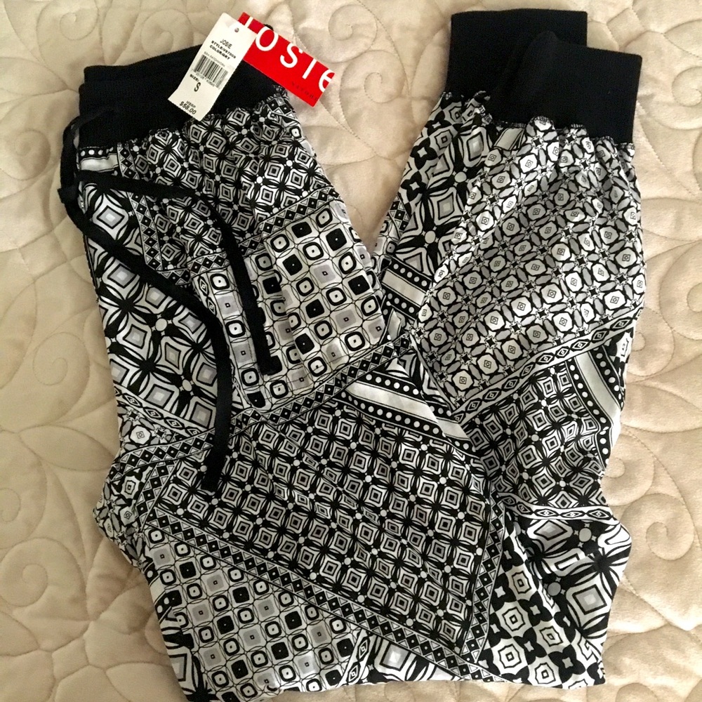 NWT JOSIE NATORI Pants, size S, 100% Rayon, patchwork print in black & white